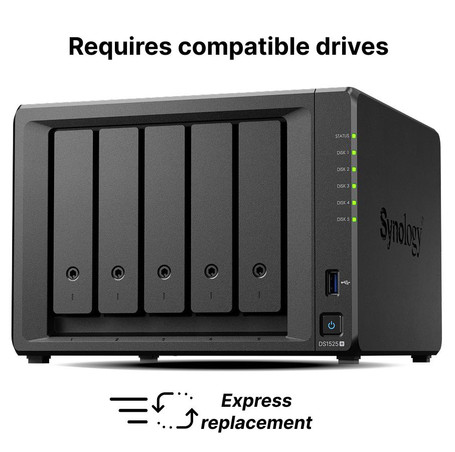 Мрежов сторидж Synology NAS DS1525, за 5 диска, AMD Ryzen V1500B, 8GB DDR4 SODIMM