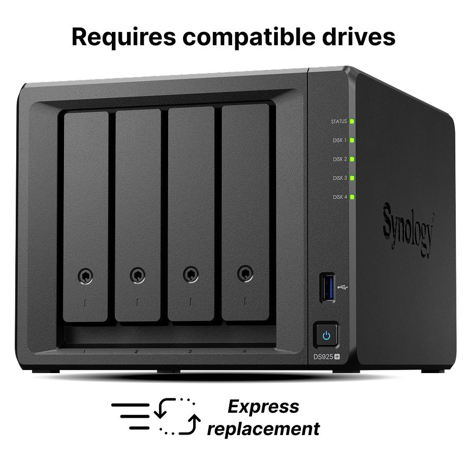 Мрежов сторидж Synology NAS DS925, за 4 диска, AMD Ryzen V1500B, 4GB DDR4 SODIMM
