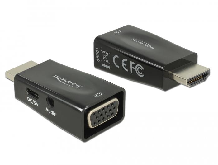 Адаптер Delock, HDMI мъжко - VGA  microUSB  Audio женско, Черен